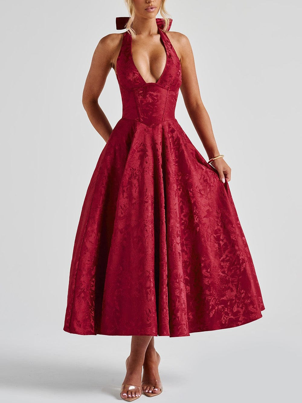 Robe de soirée longue en jacquard col licou