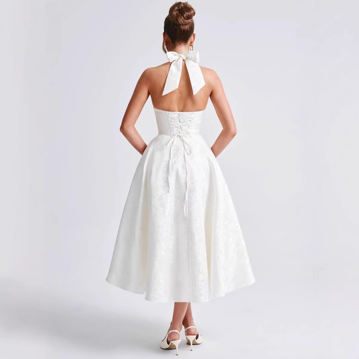 Robe de soirée longue en jacquard col licou
