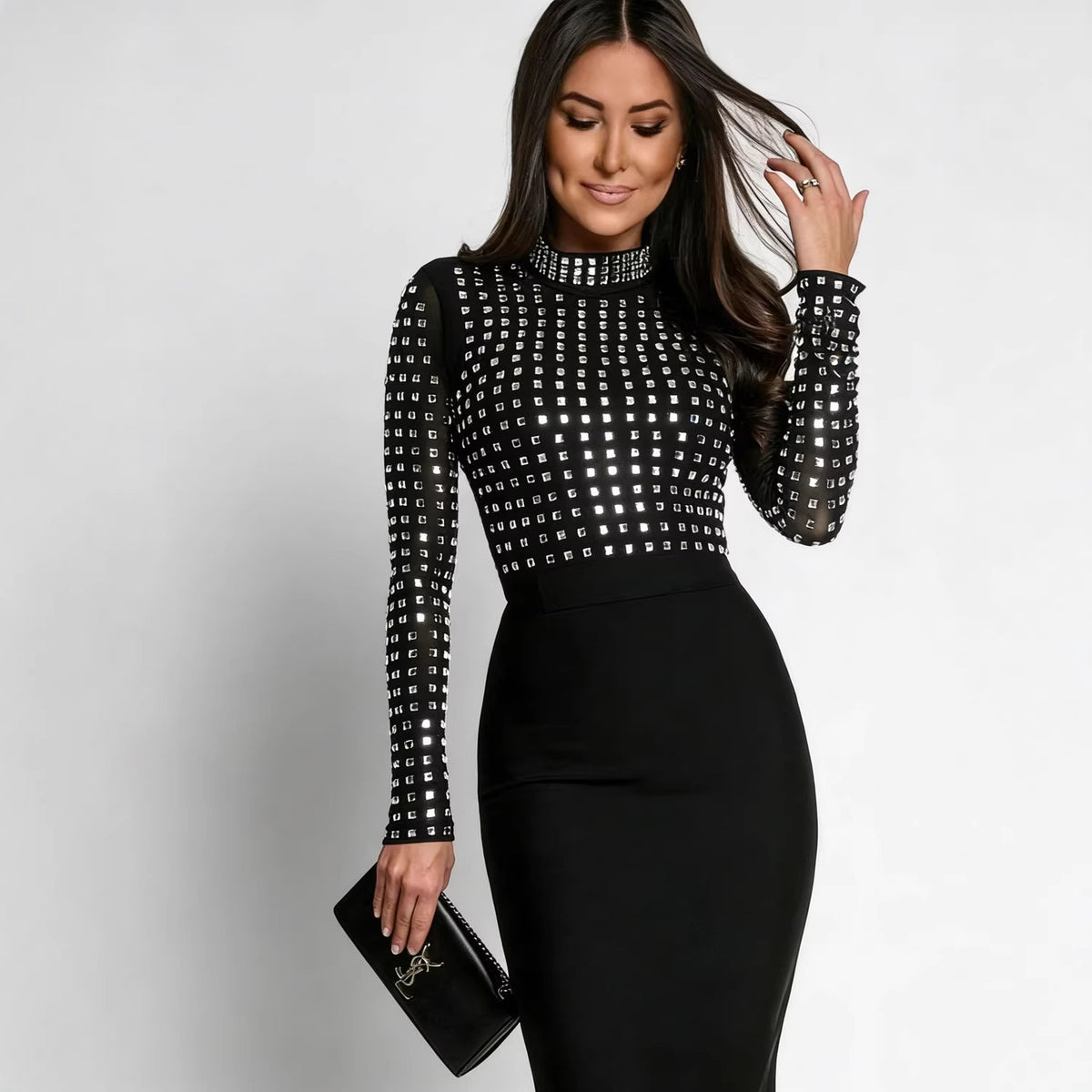 Robe bandage moulante noire à strass, Preencess