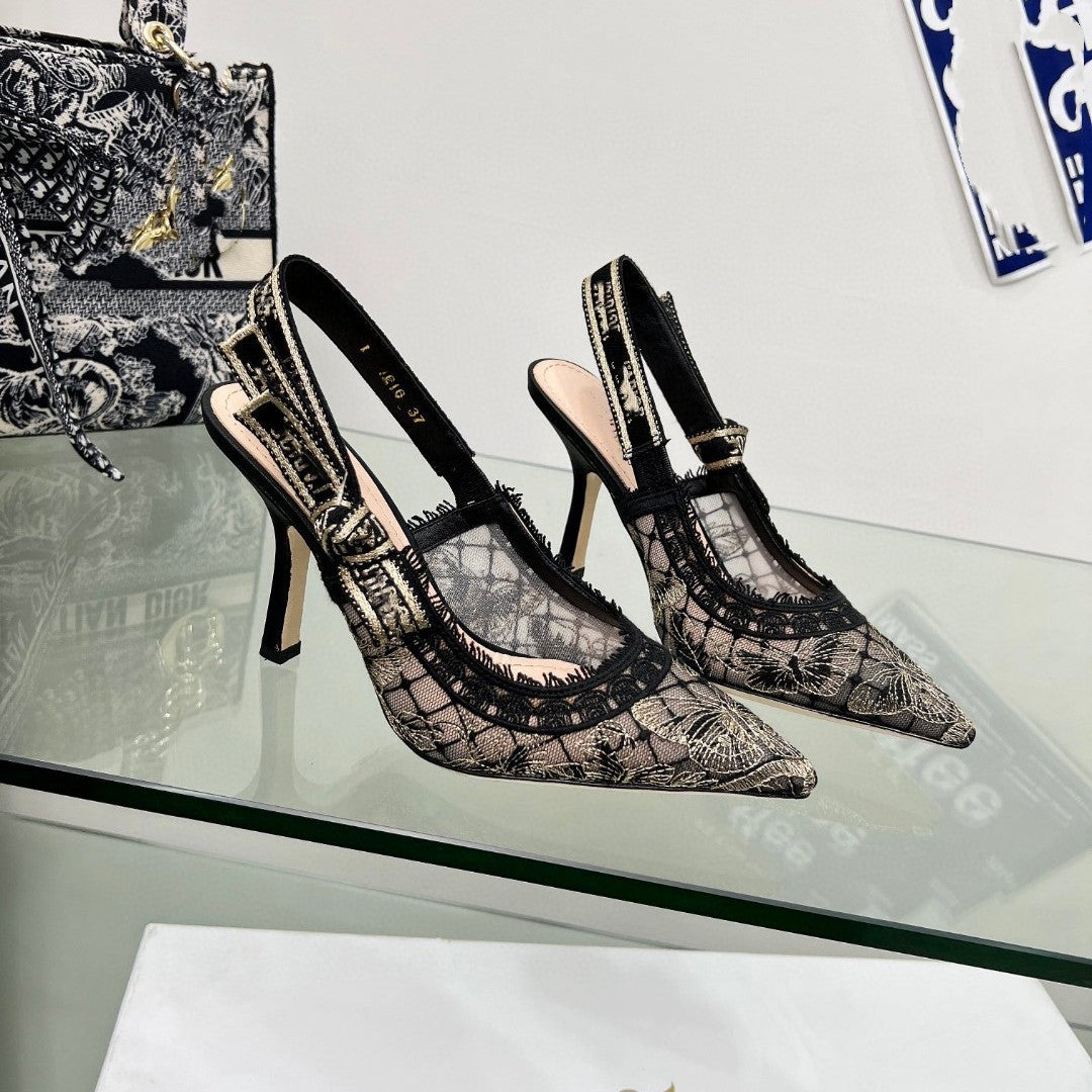 Lace Mesh Pointed Heeled Women Sandals