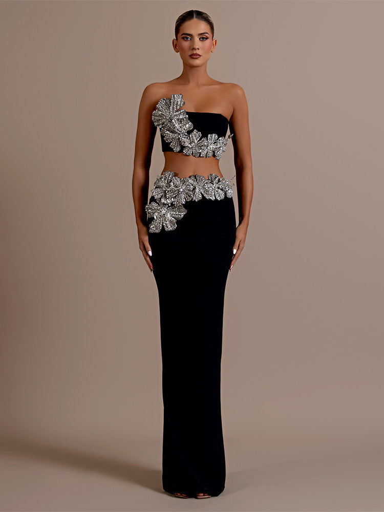 Ensemble bustier à strass et jupe longue moulante