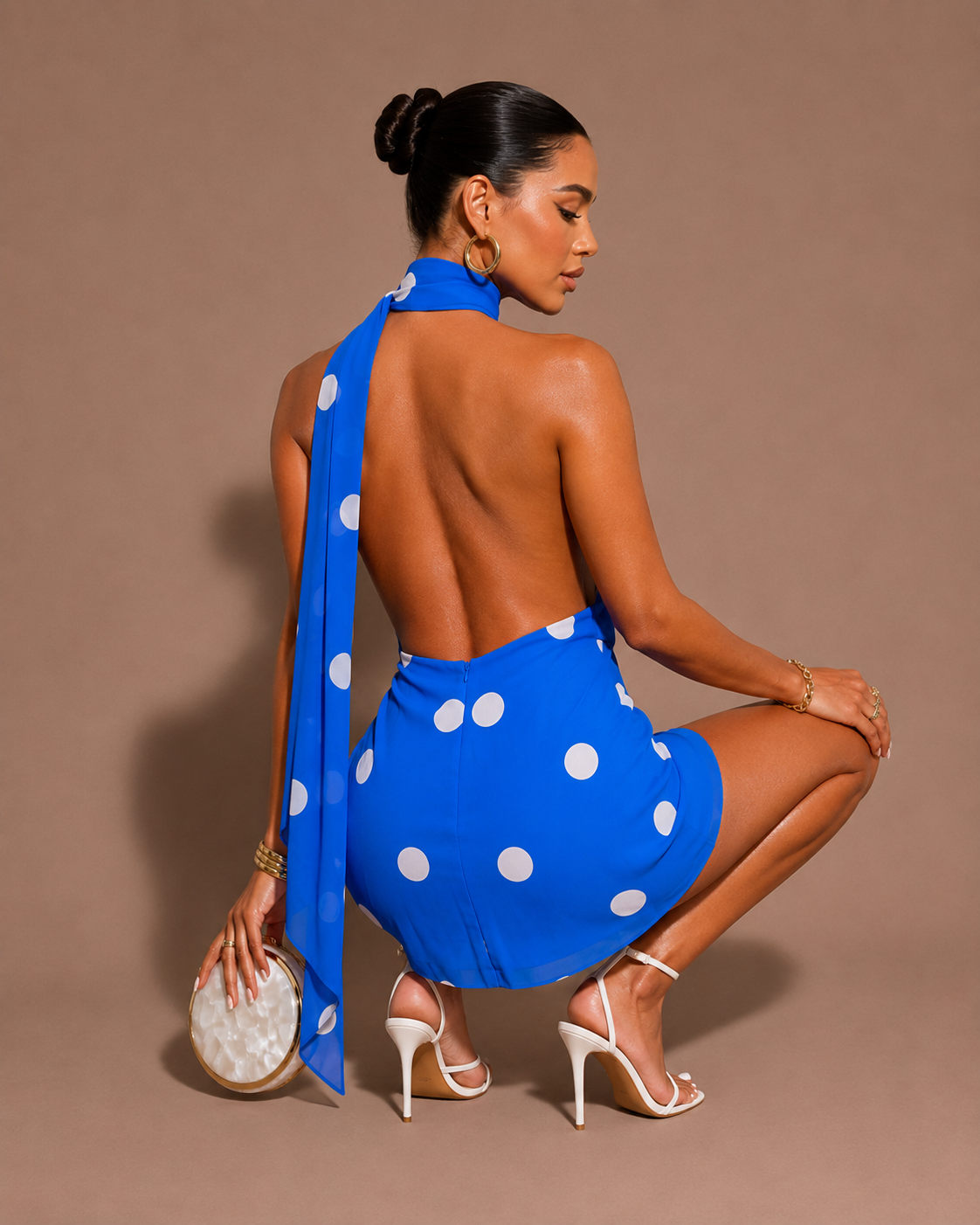 Robe Mini Bleu à Pois Dos Nu, Preencess