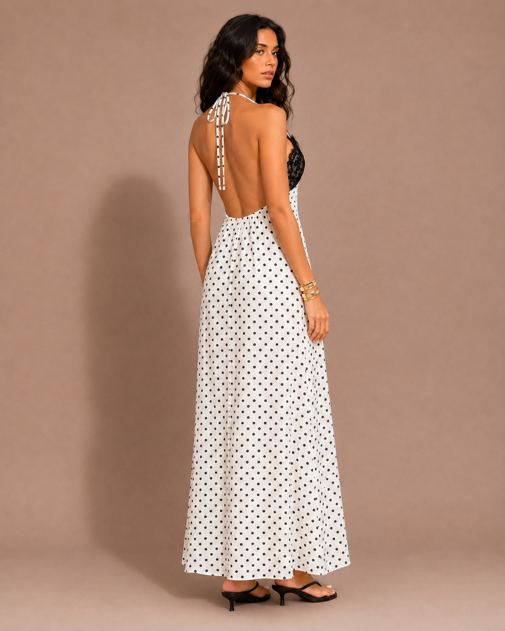 Robe Midi à Pois Dos Nu Bretelles Dentelle, Preencess