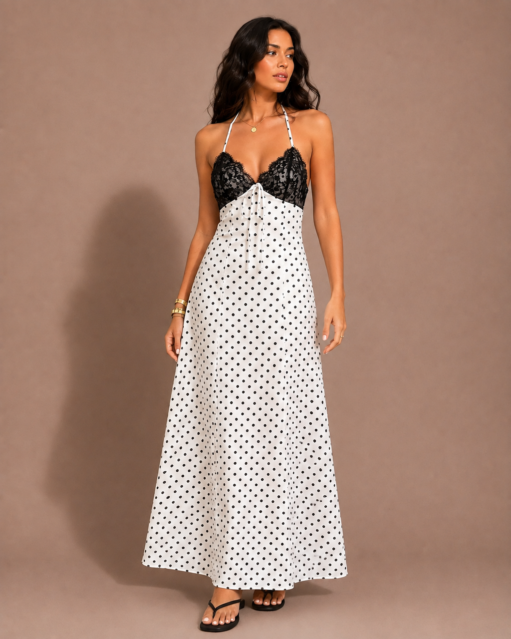 Robe Midi à Pois Dos Nu Bretelles Dentelle, Preencess