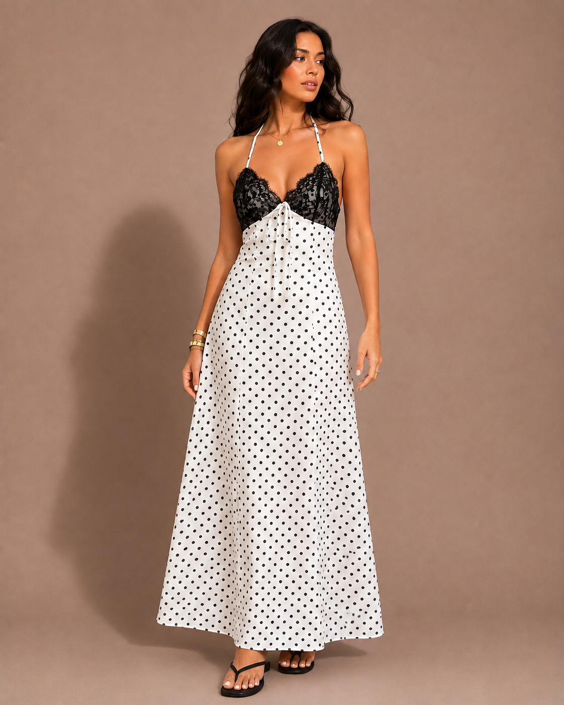 Robe Midi à Pois Dos Nu Bretelles Dentelle, Preencess