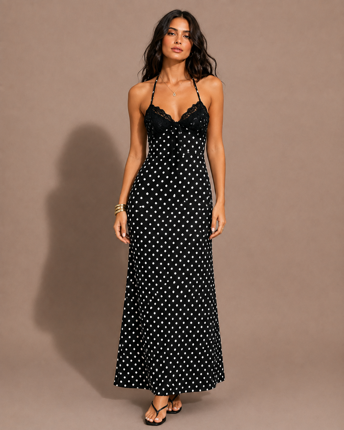 Robe Midi à Pois Dos Nu Bretelles Dentelle, Preencess