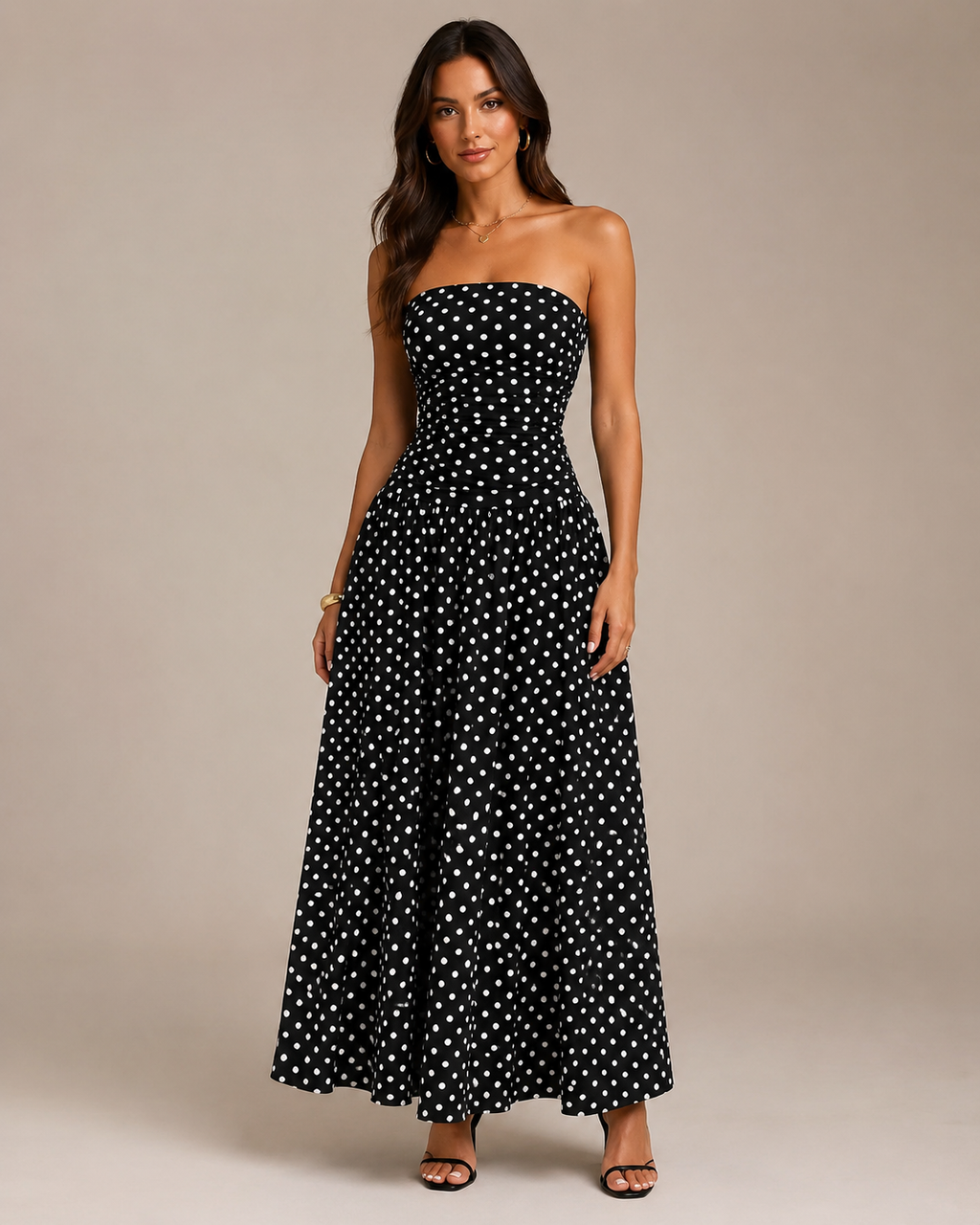 Robe Longue à Pois Col Montant Sans Manches, Preencess