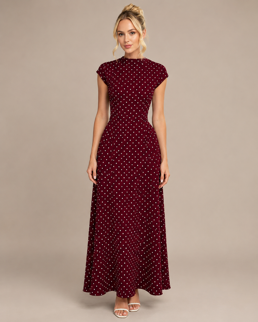Robe Longue à Pois en Maille Col Rond, Preencess