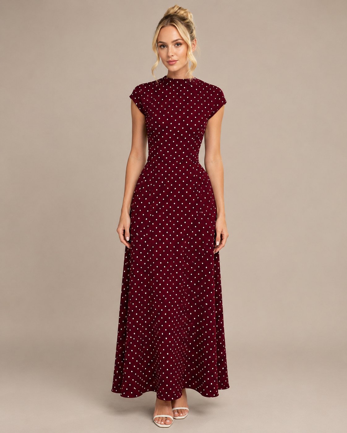Robe Longue à Pois en Maille Col Rond, Preencess