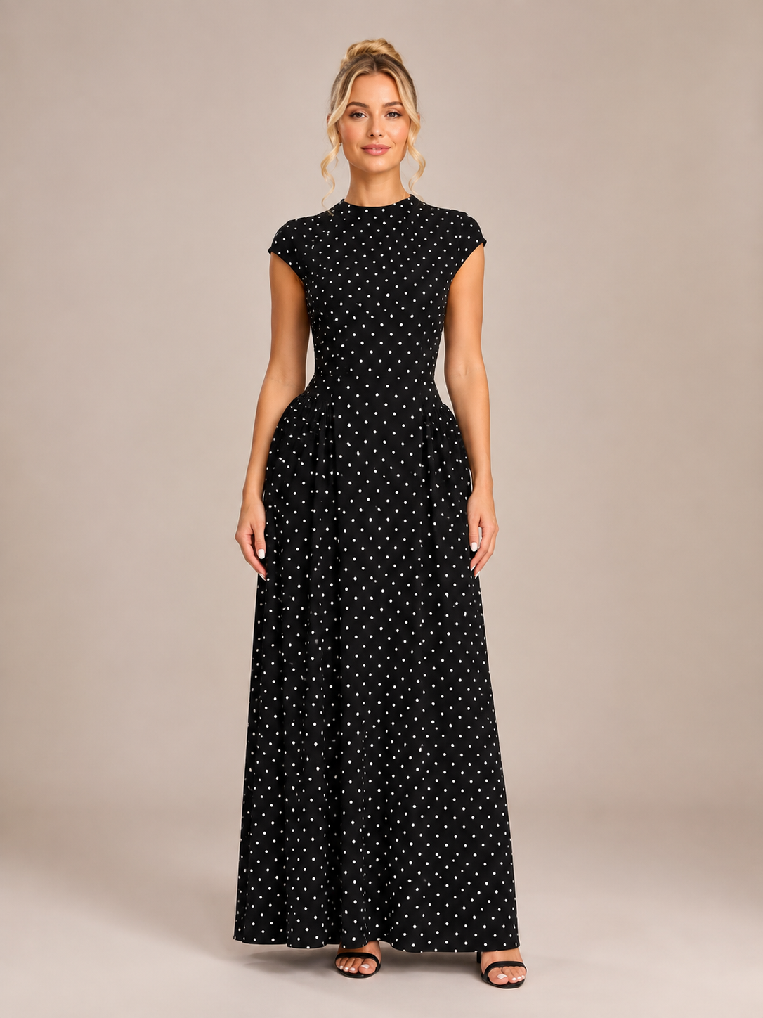 Robe Longue à Pois en Maille Col Rond, Preencess