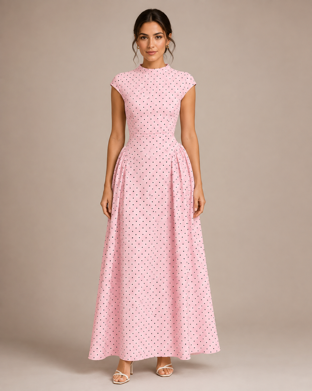 Robe Longue à Pois en Maille Col Rond, Preencess