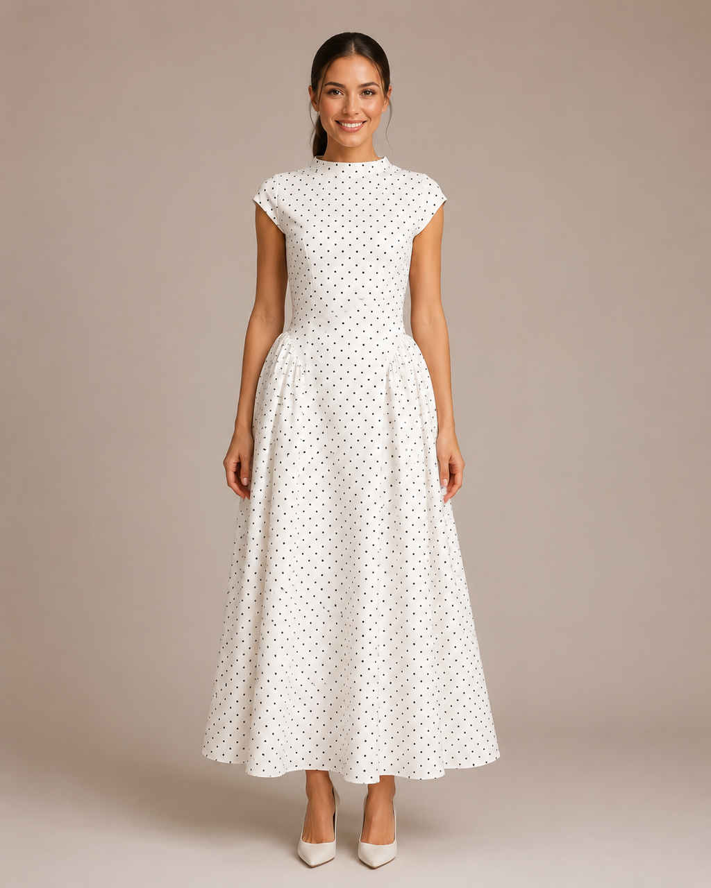 Robe Longue à Pois en Maille Col Rond, Preencess