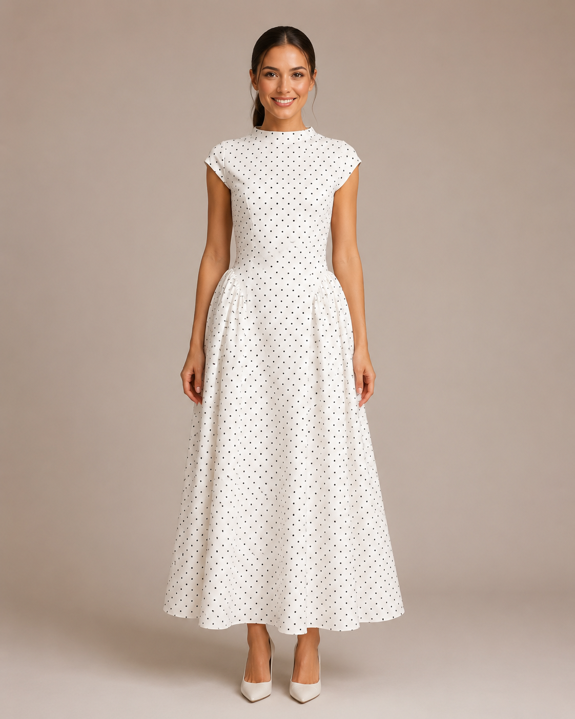 Robe Longue à Pois en Maille Col Rond, Preencess