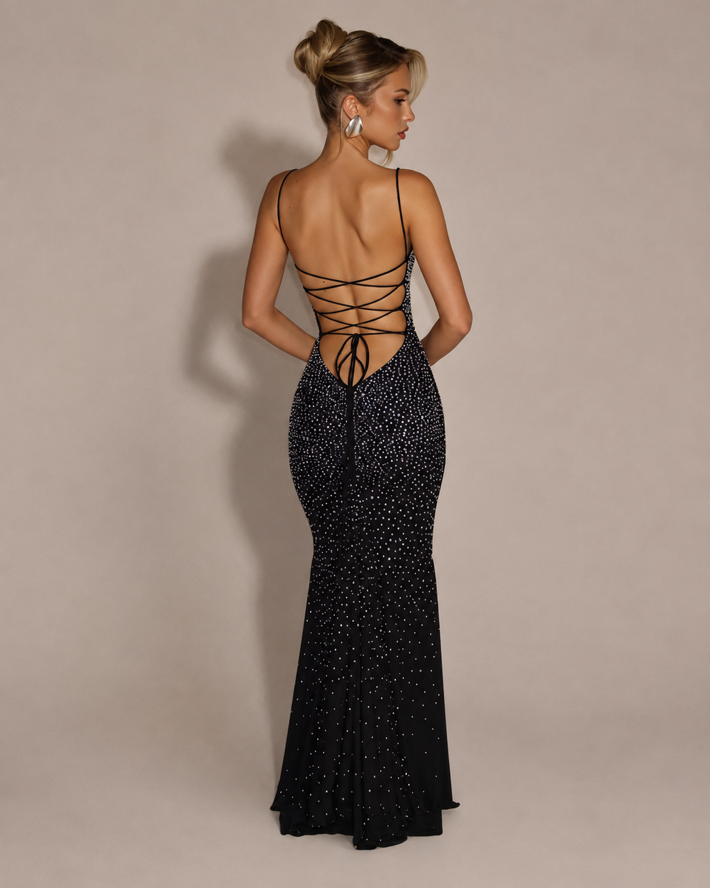 Robe Longue de Soirée Sirène Dos Nu Col Licou à Strass, Preencess
