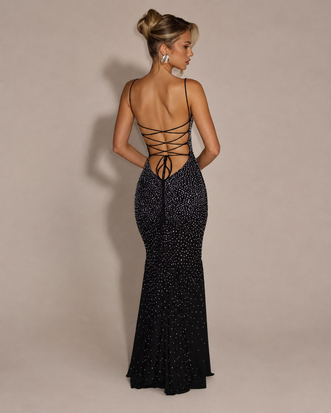 Robe Longue de Soirée Sirène Dos Nu Col Licou à Strass, Preencess