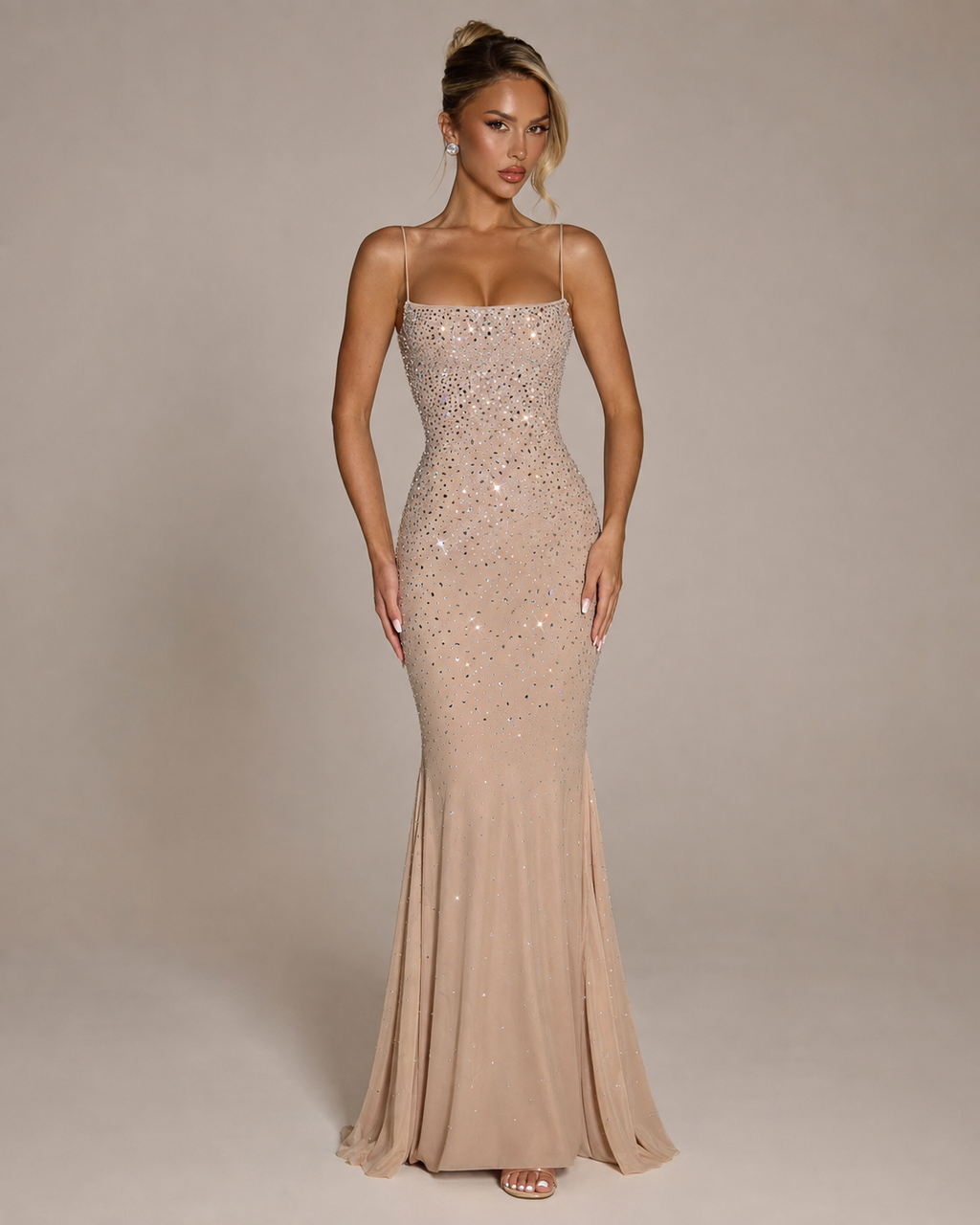 Robe Longue de Soirée Sirène Dos Nu Col Licou à Strass, Preencess