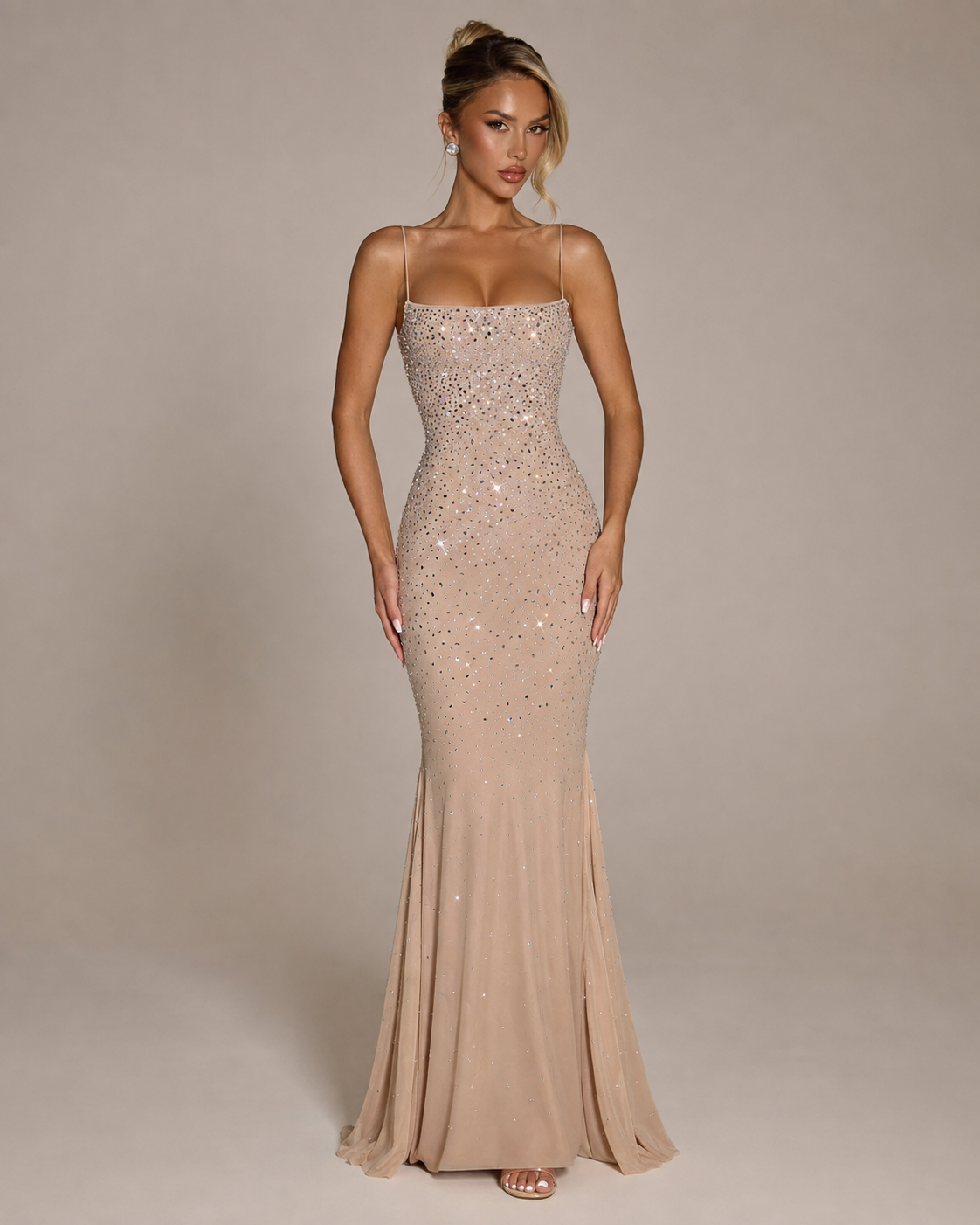 Robe Longue de Soirée Sirène Dos Nu Col Licou à Strass, Preencess