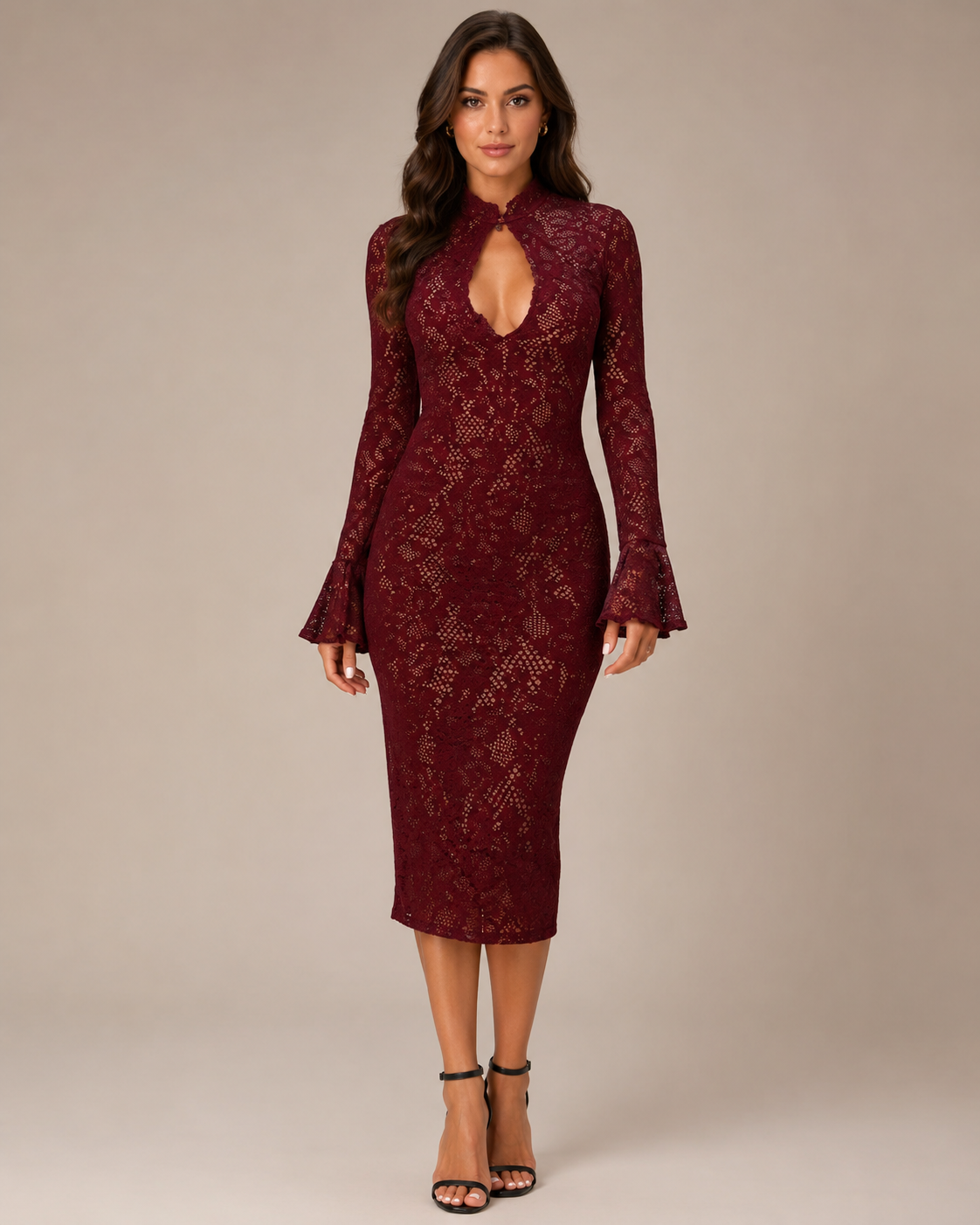 Robe Midi en Dentelle Ajourée Col Mandarin, Preencess