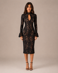 Robe Midi en Dentelle Ajourée Col Mandarin, Preencess