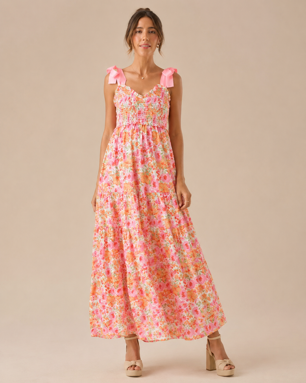Robe Midi Fleurie à Volants Étagés Sans Manches, Preencess