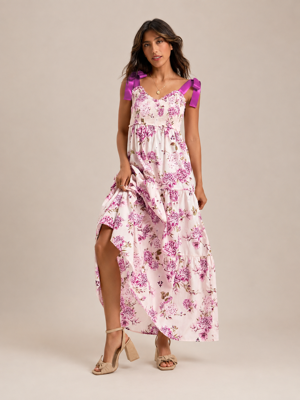 Robe Midi Fleurie à Volants Étagés Sans Manches, Preencess
