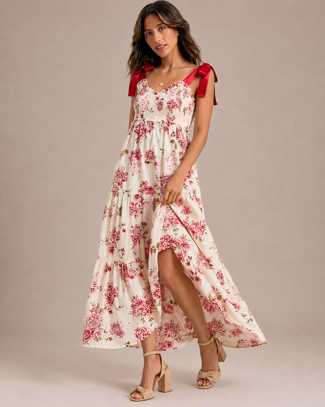 Robe Midi Fleurie à Volants Étagés Sans Manches, Preencess