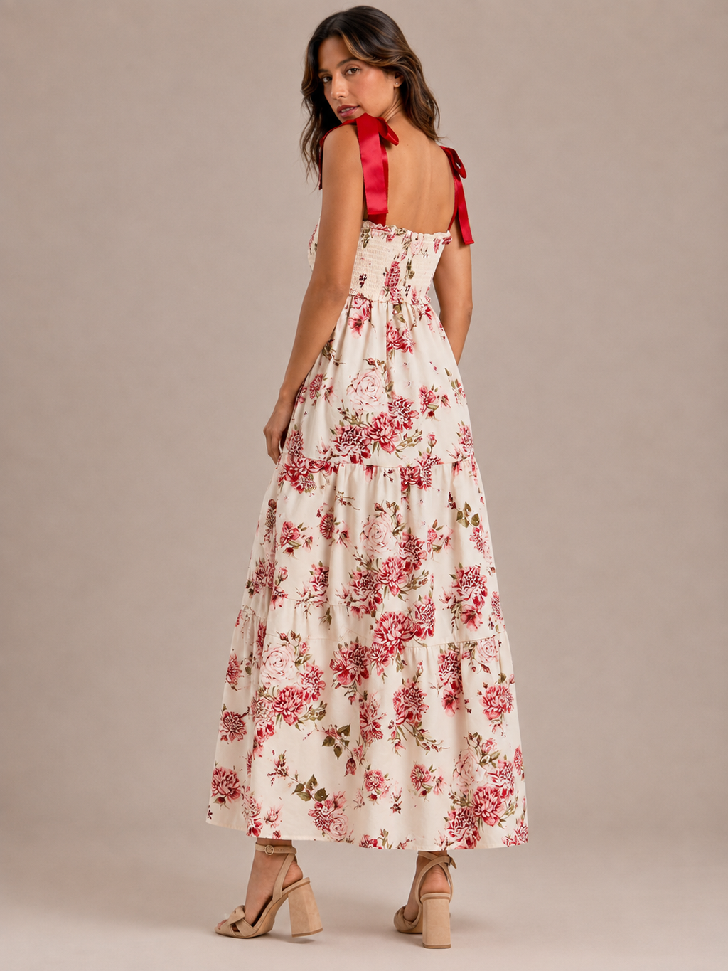 Robe Midi Fleurie à Volants Étagés Sans Manches, Preencess