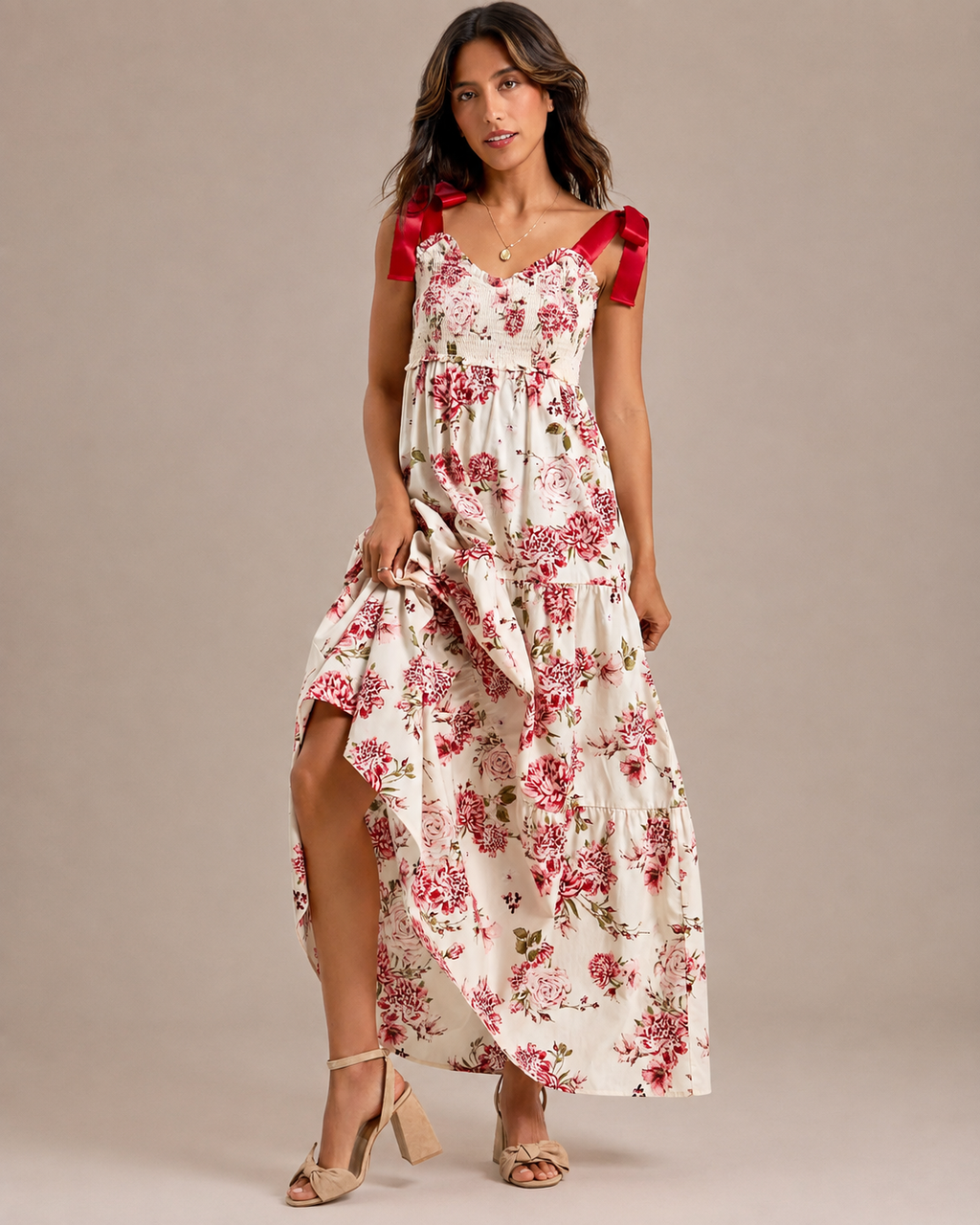 Robe Midi Fleurie à Volants Étagés Sans Manches, Preencess