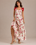 Robe Midi Fleurie à Volants Étagés Sans Manches, Preencess