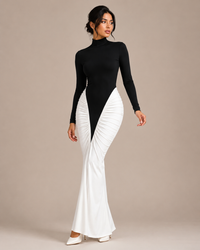 Robe Longue Bicolore à Plissés Col Rond, Preencess