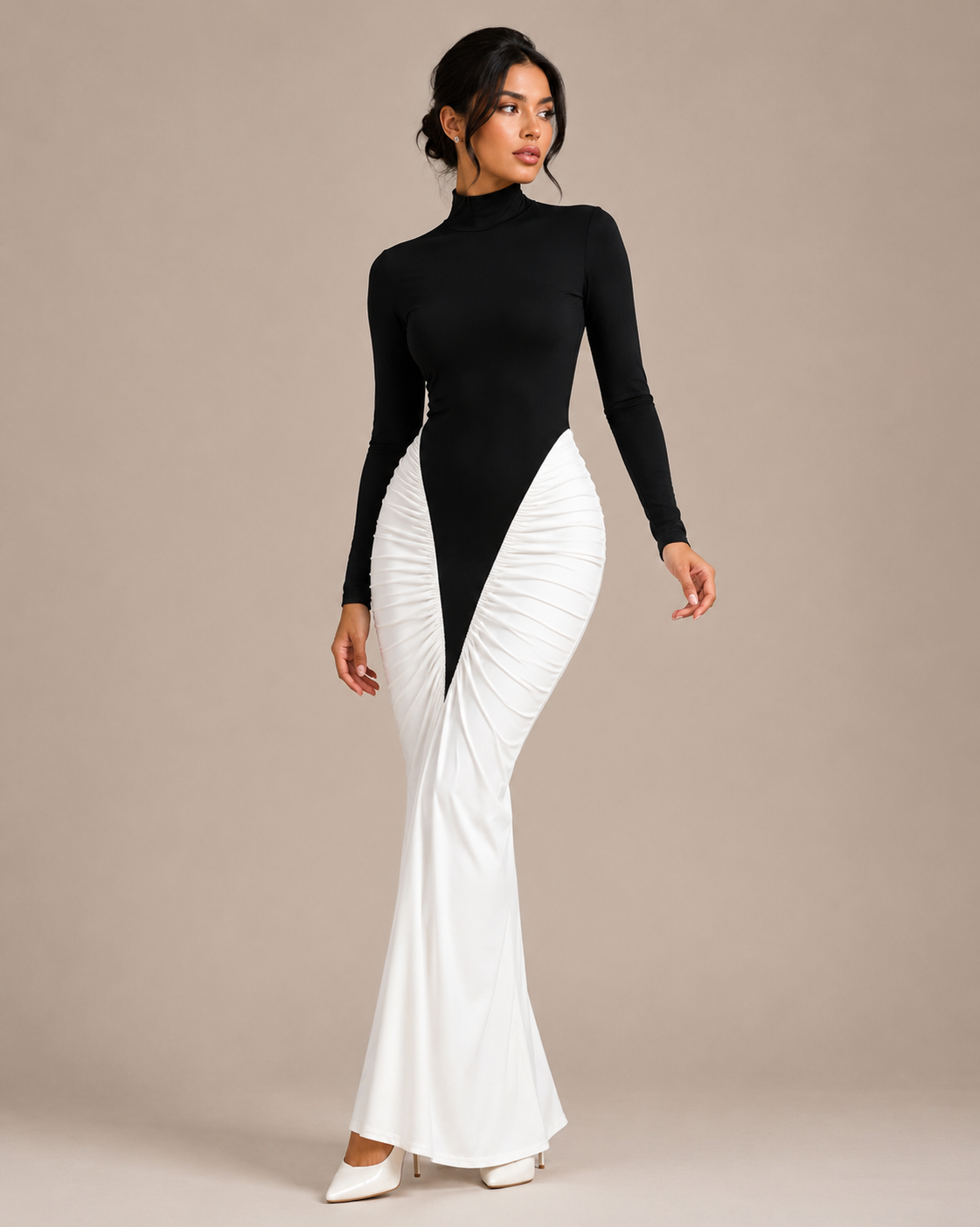 Robe Longue Bicolore à Plissés Col Rond, Preencess