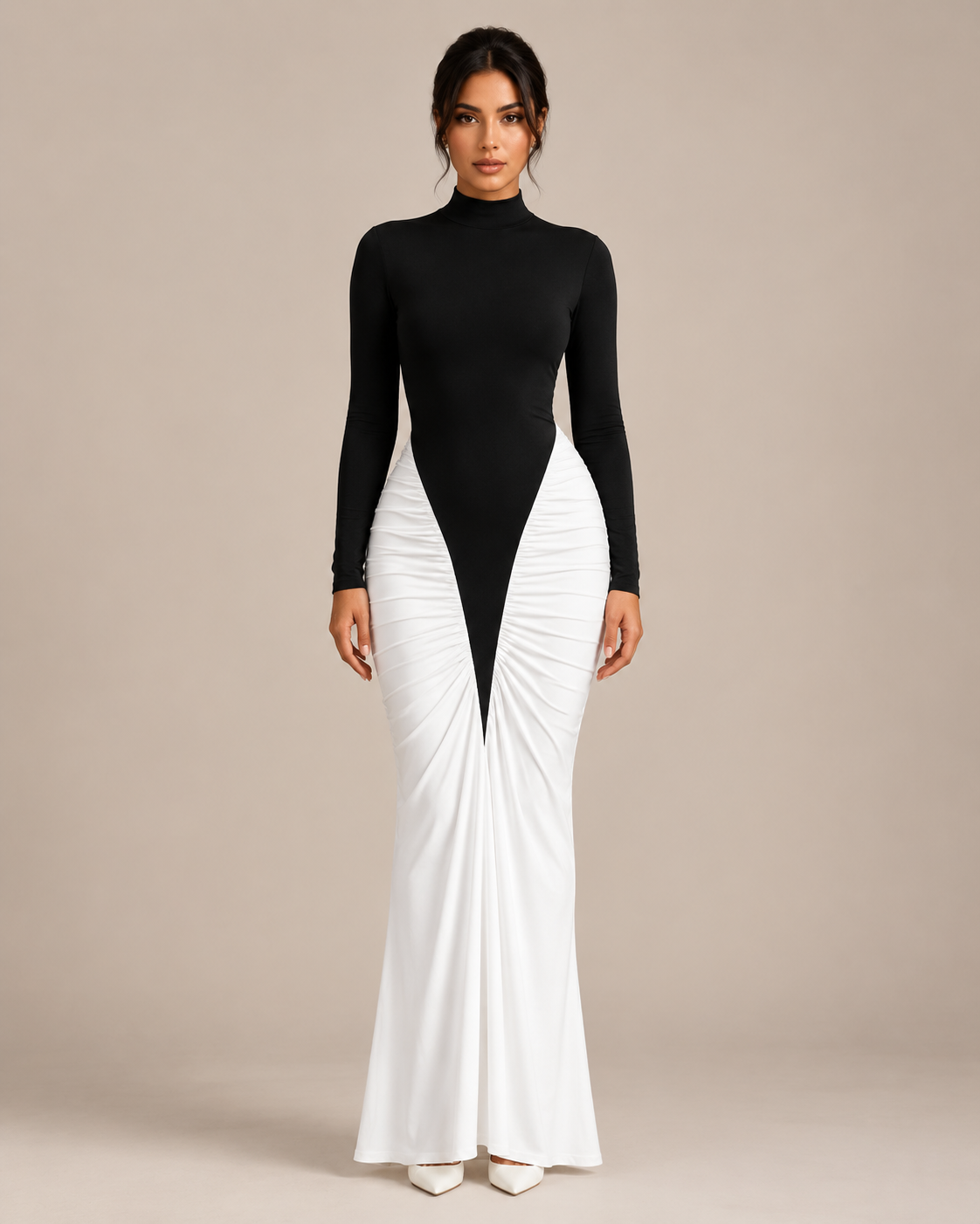Robe Longue Bicolore à Plissés Col Rond, Preencess