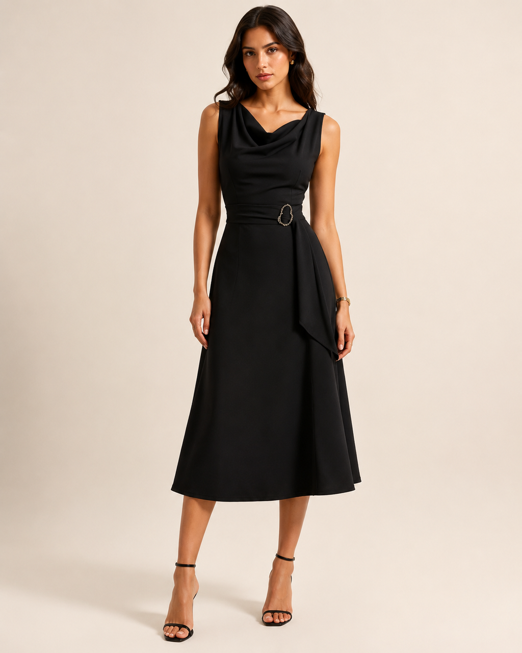 Robe Midi Patineuse Asymétrique à Taille Nouée, Preencess