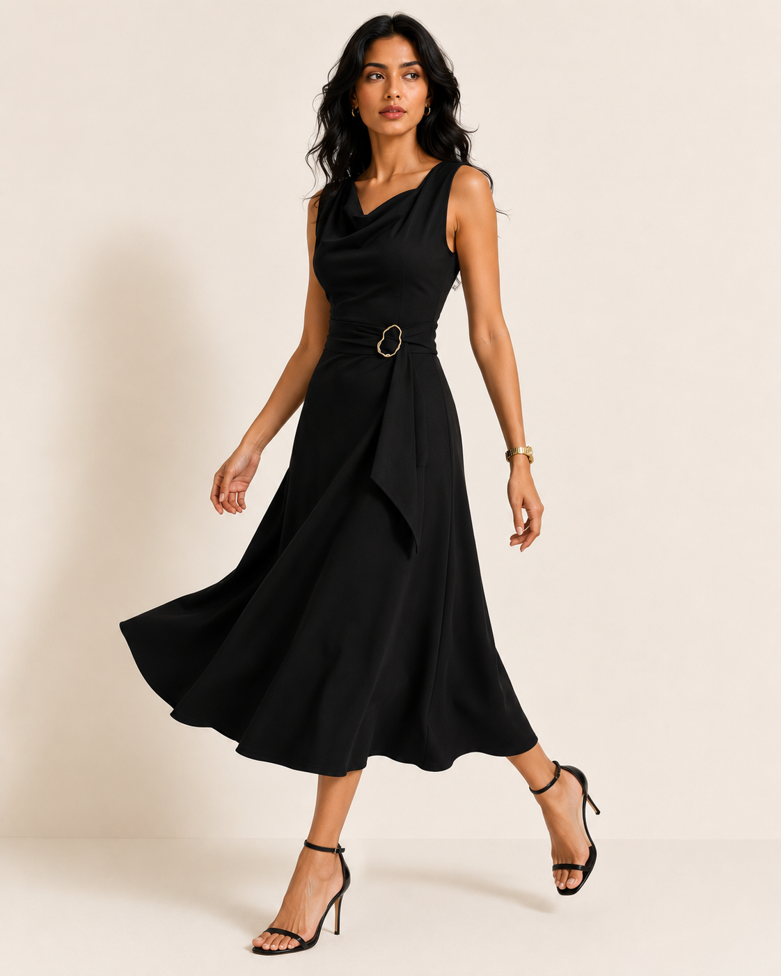 Robe Midi Patineuse Asymétrique à Taille Nouée, Preencess
