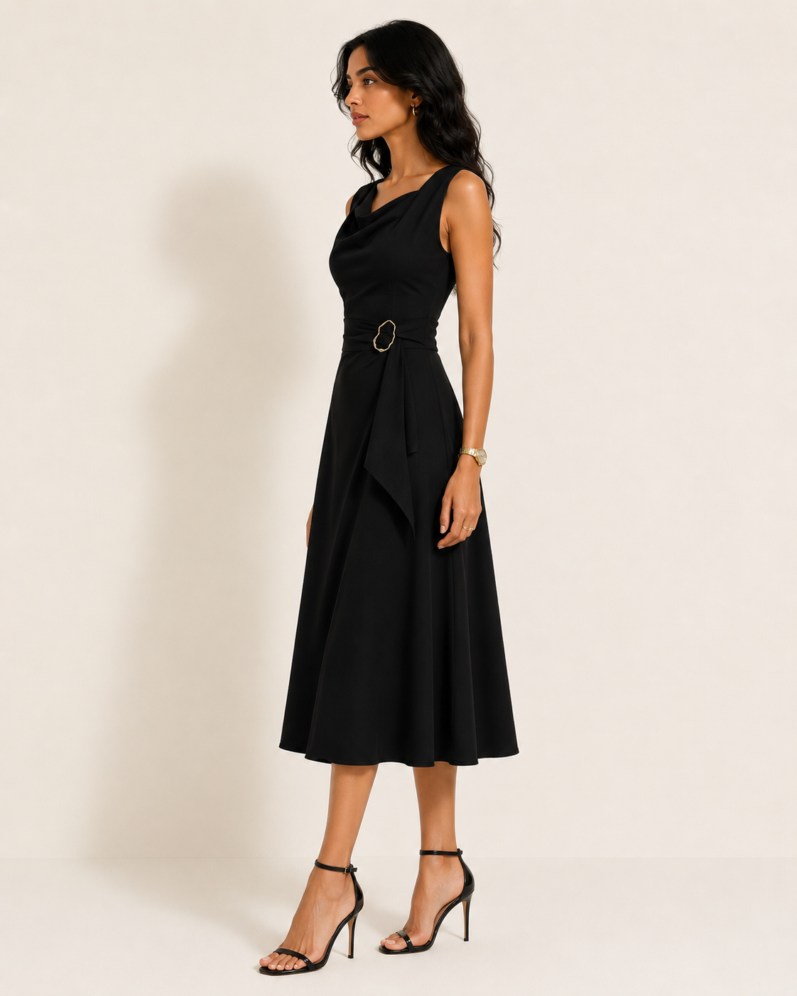 Robe Midi Patineuse Asymétrique à Taille Nouée, Preencess