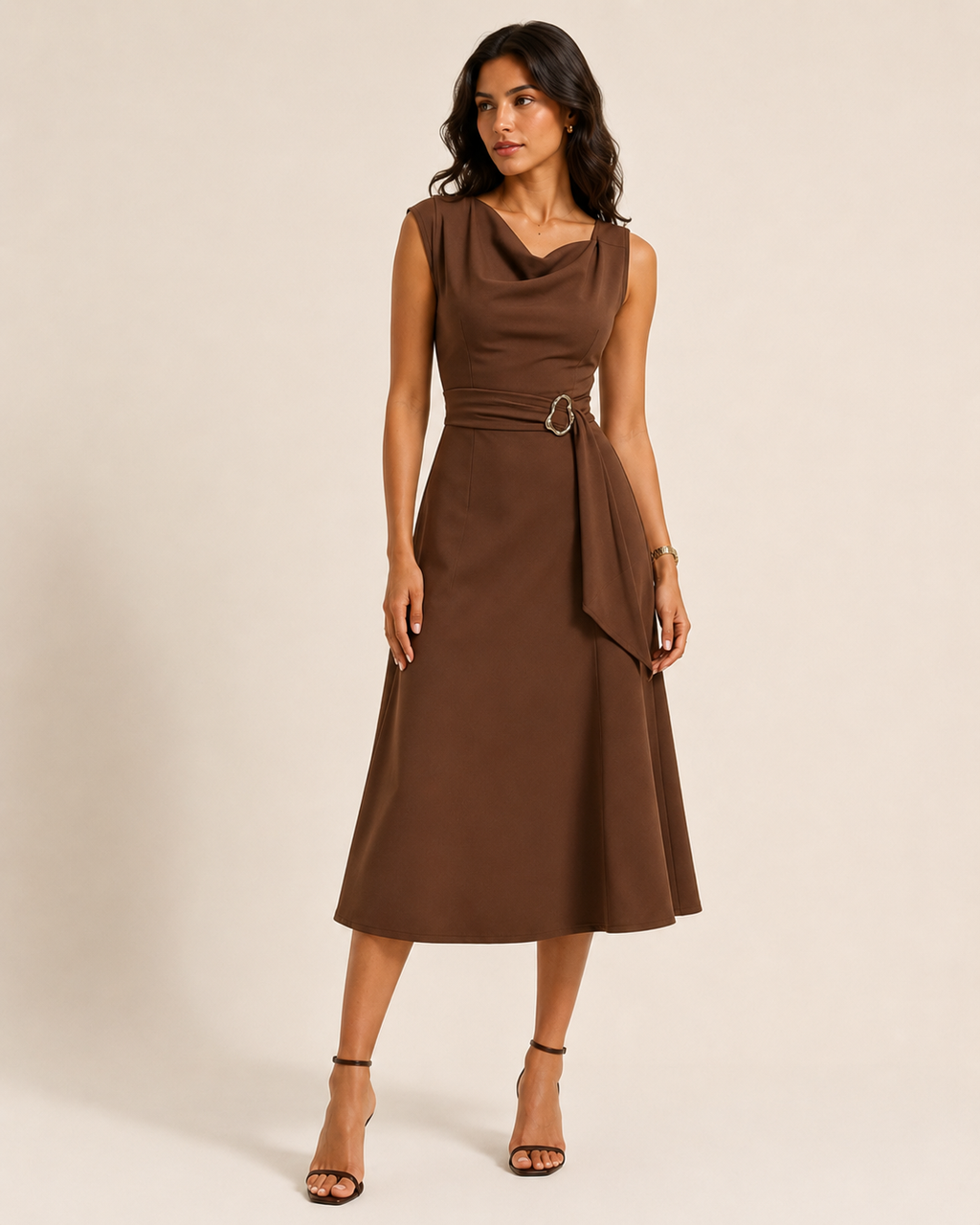 Robe Midi Patineuse Asymétrique à Taille Nouée, Preencess