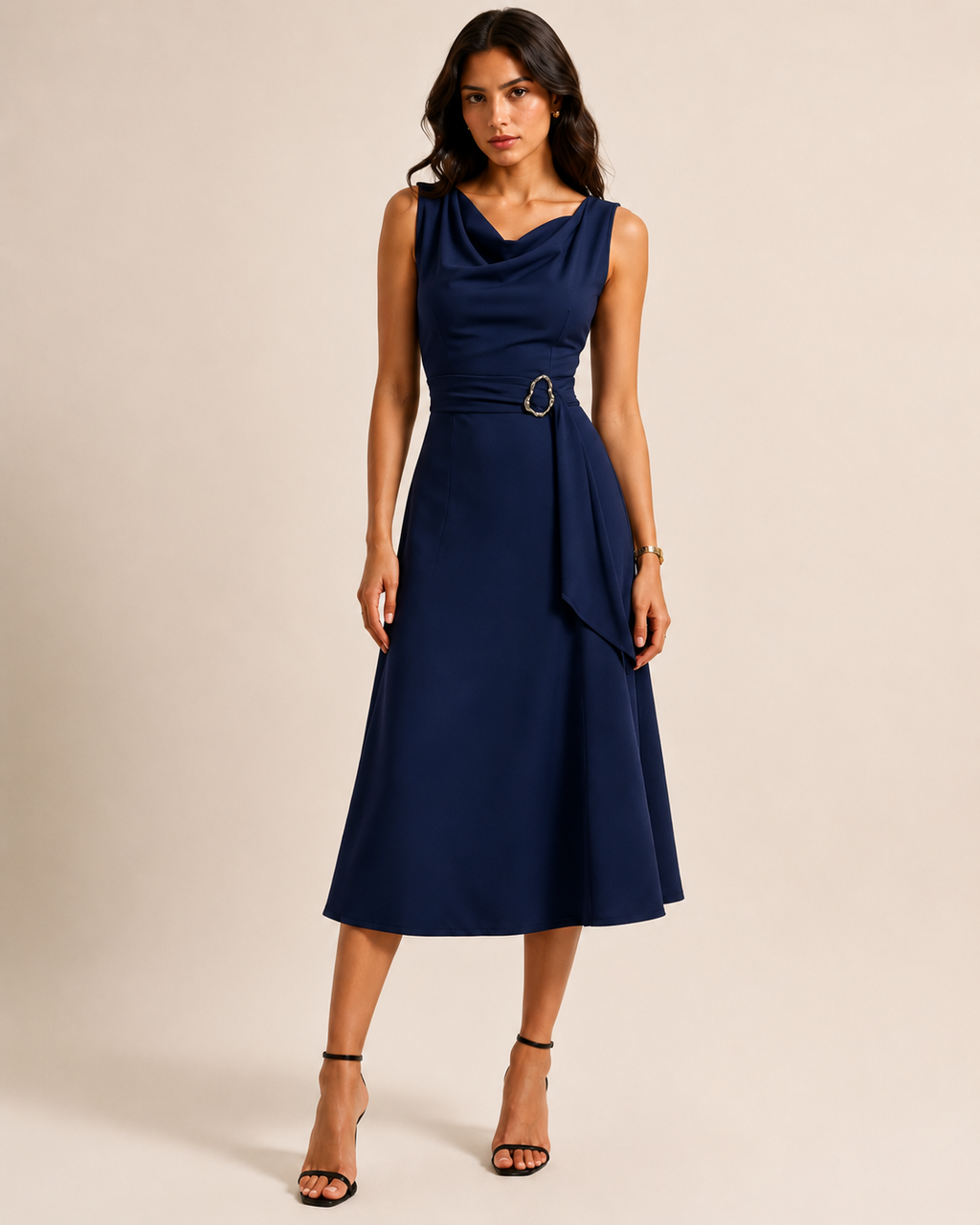 Robe Midi Patineuse Asymétrique à Taille Nouée, Preencess