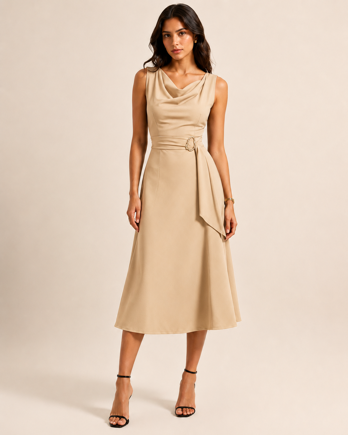 Robe Midi Patineuse Asymétrique à Taille Nouée, Preencess