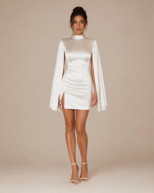Robe Mini en Satin à Manches Cape, Preencess