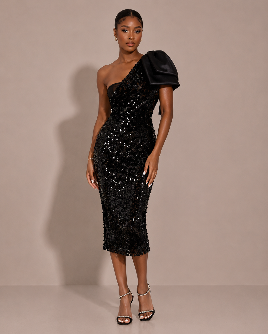Robe Midi de Soirée à Sequins et Nœud Une Épaule, Preencess