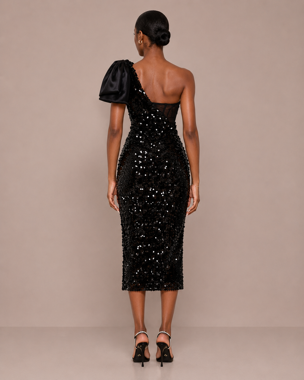 Robe Midi de Soirée à Sequins et Nœud Une Épaule, Preencess