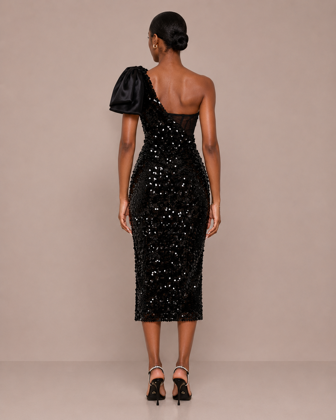 Robe Midi de Soirée à Sequins et Nœud Une Épaule, Preencess