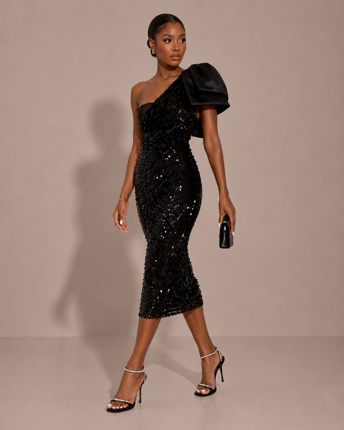 Robe Midi de Soirée à Sequins et Nœud Une Épaule, Preencess