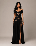 Robe Longue de Soirée Noire Épaules Dénudées en Dentelle, Preencess