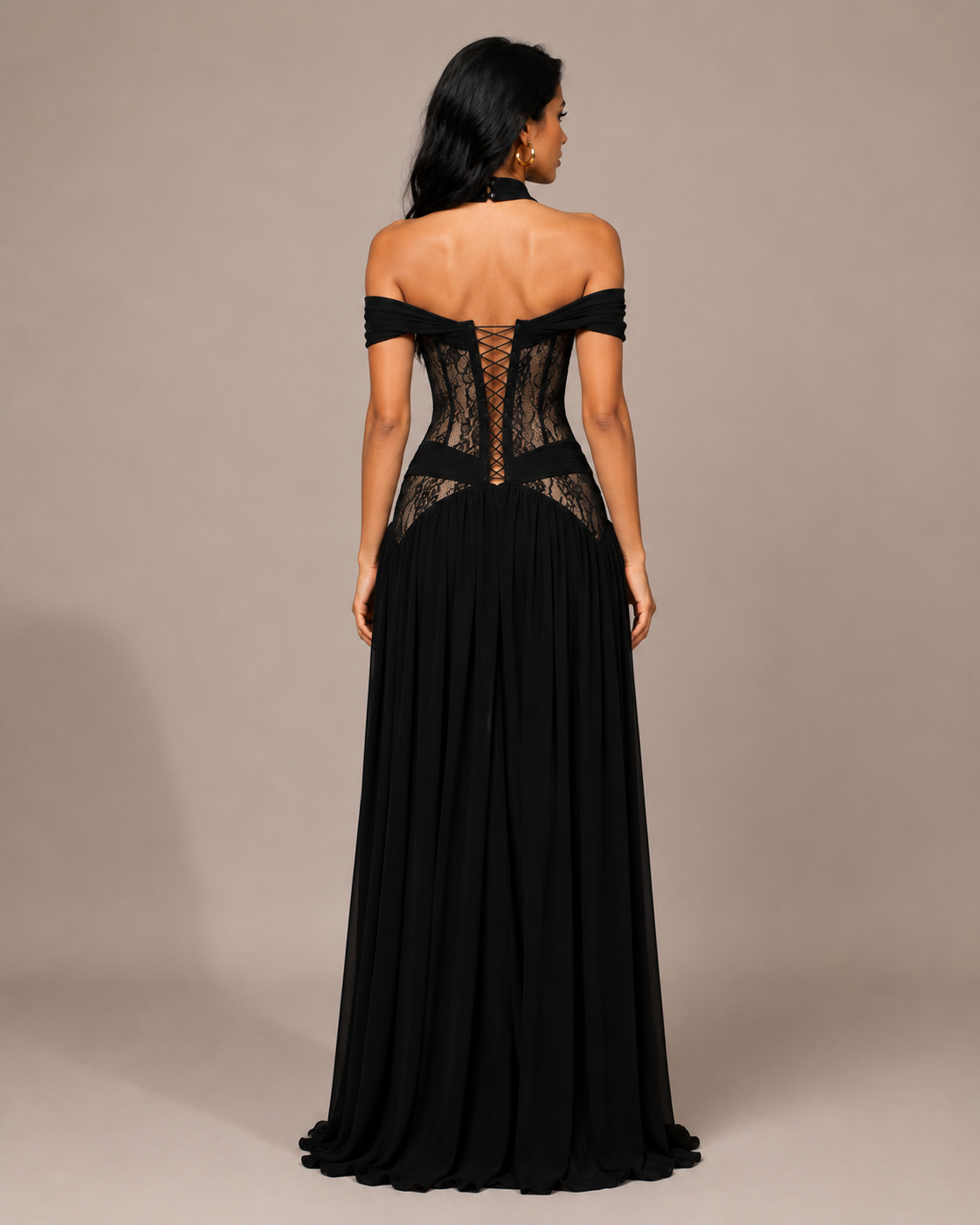 Robe Longue de Soirée Noire Épaules Dénudées en Dentelle, Preencess