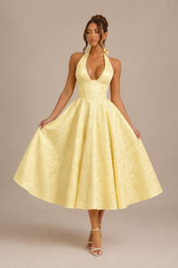 Robe Midi de Soirée en Jacquard Col Licou, Preencess