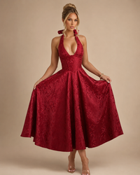 Robe Midi de Soirée en Jacquard Col Licou, Preencess
