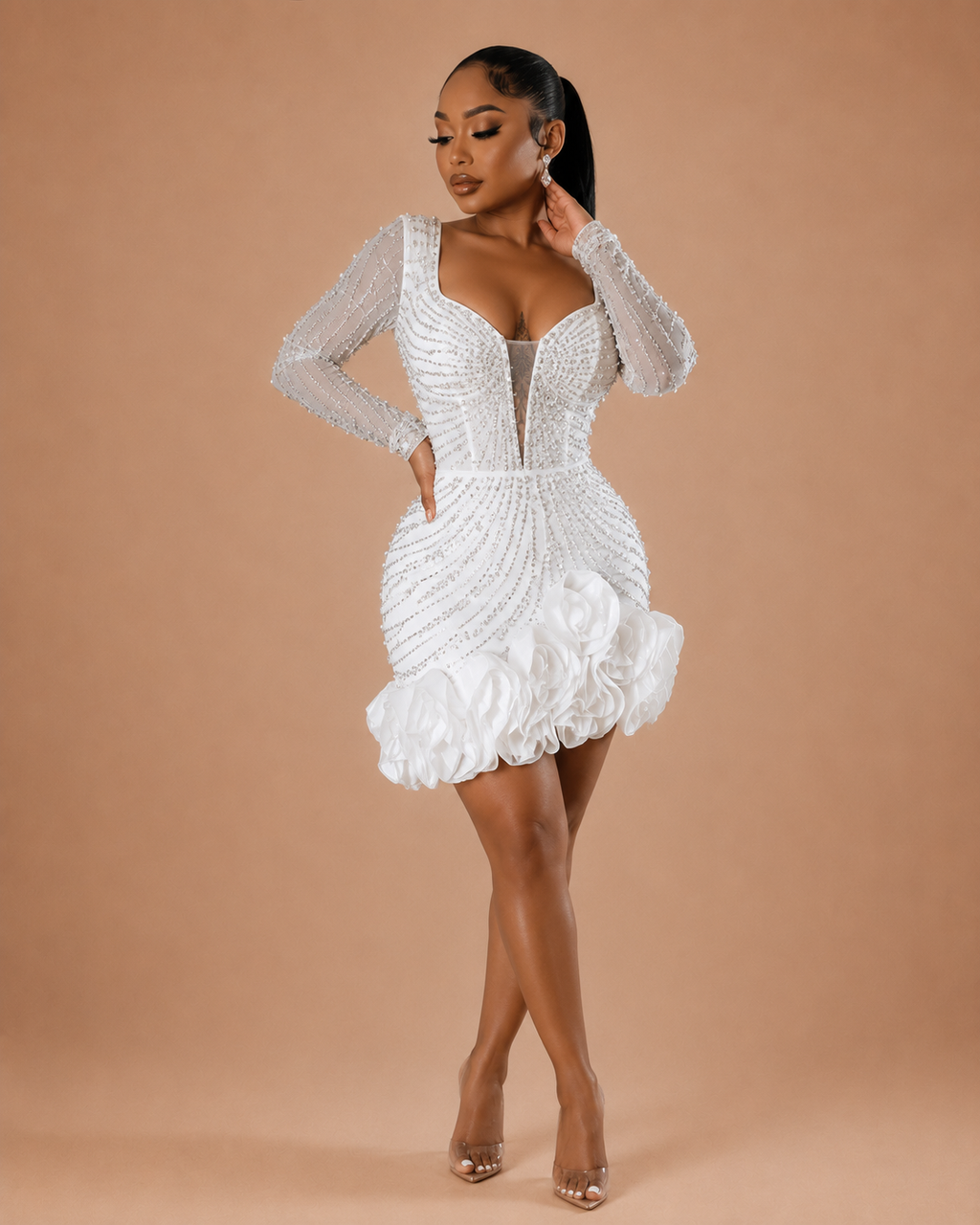 Robe Mini Ornée de Perles et Strass, Preencess