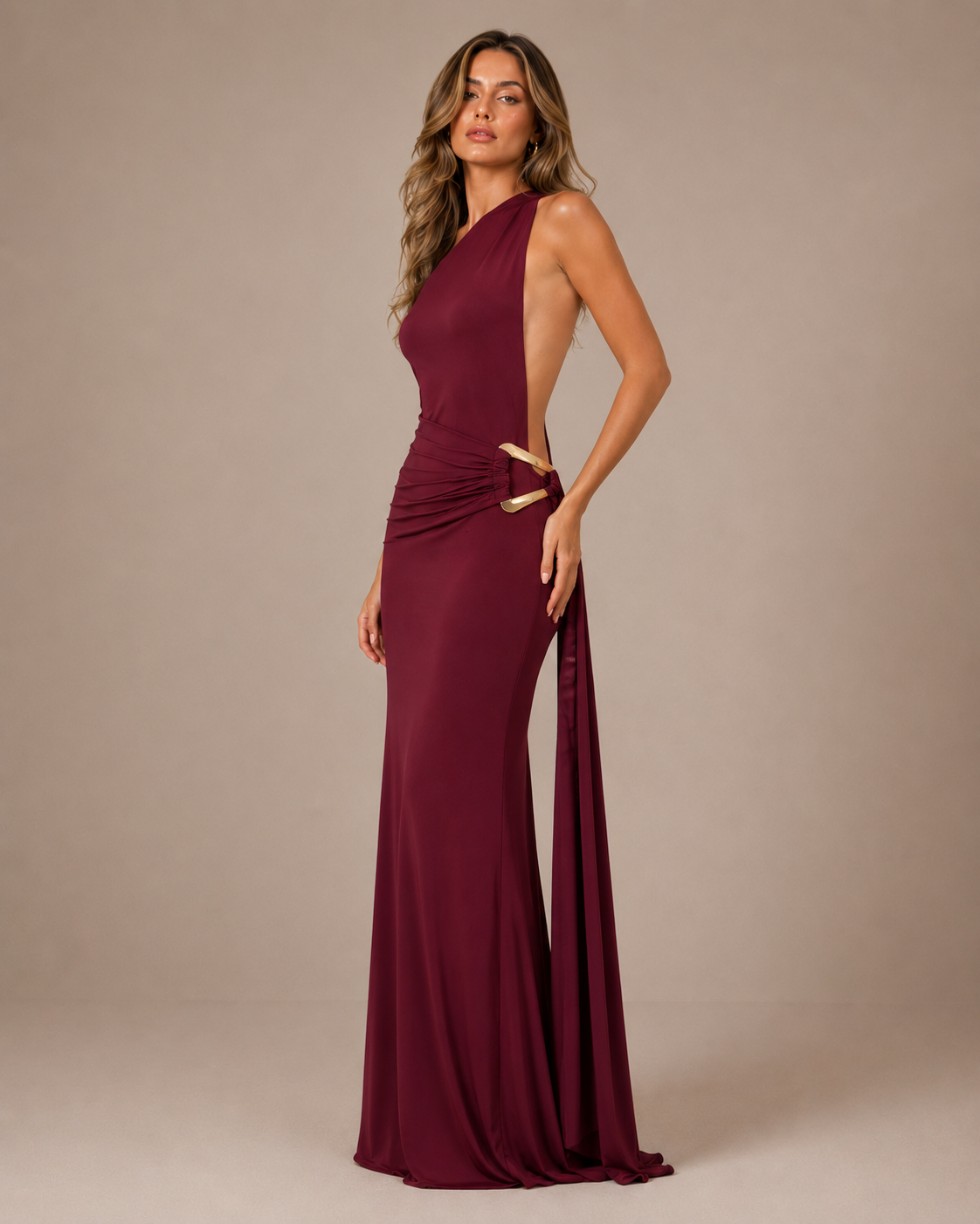 Robe Longue Moulante Une Épaule à Détail Métallique, Preencess