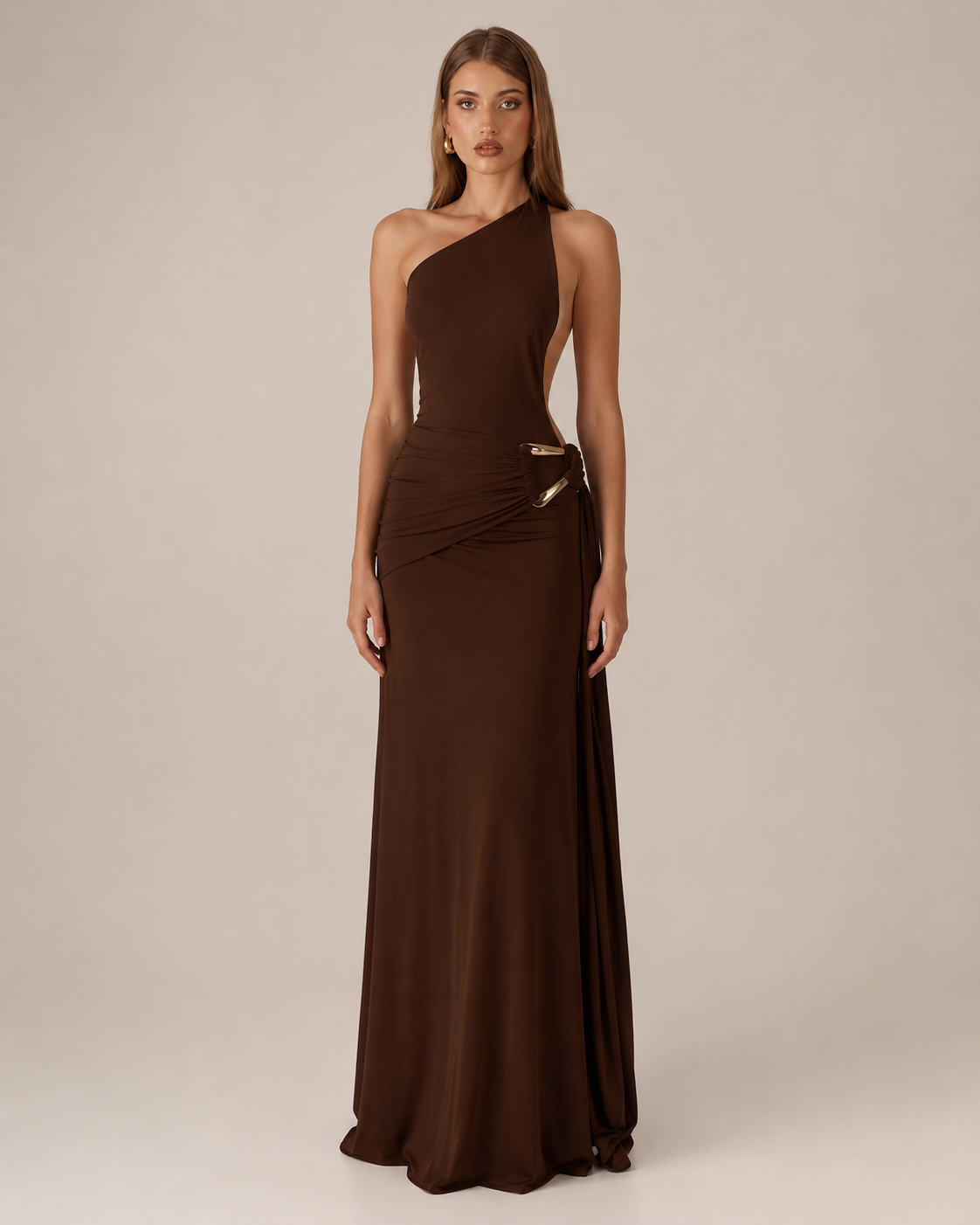 Robe Longue Moulante Une Épaule à Détail Métallique, Preencess